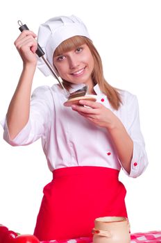 beautiful woman tries to cooked food, making meal