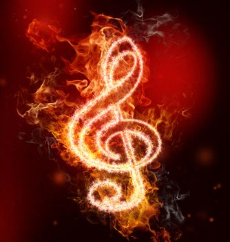G clef in fire on red and black background