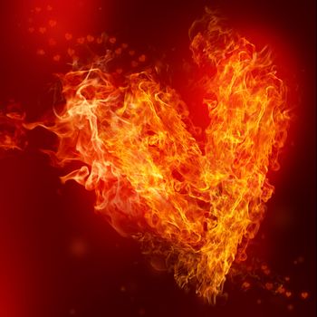 Fire Heart with small hearts on red background
