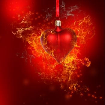 Fire Heart Bauble on Red Background