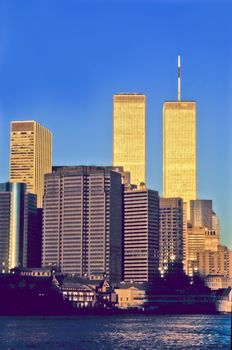 NEW YORK CITY - JANUARY 4: The twin towers of the World Trade Center and lower Manhattan on January 4, 2001 in New York. Twin towers were destroyed in 911 by terrorist attac.