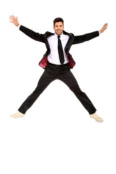 handsome jumping man on suit isolated on a white background