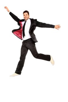 handsome jumping man on suit isolated on a white background