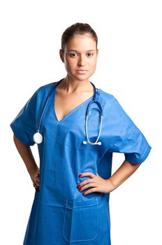 Young female surgeon with scrubs, holding a face mask on a white background