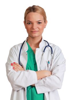 Portrait of a young female doctor isolated against a white background.