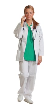 Image of a young female doctor on the phone walking to the camera, isolated against a white background.