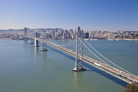 San Francisco and Bay bridge traffic aerial view