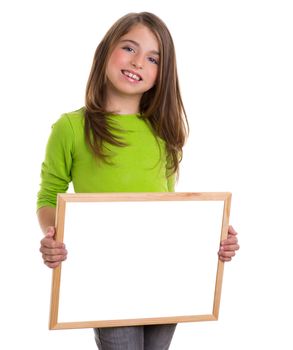 child smiling girl with blank white frame copy space white blackboard happy