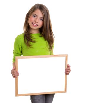 child smiling girl with blank white frame copy space white blackboard happy