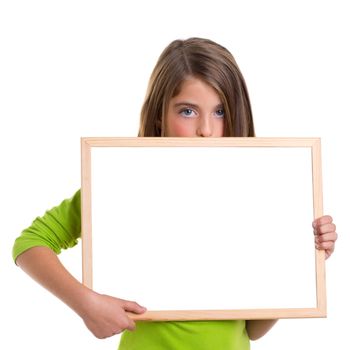 child girl with blank white frame copy space white blackboard blue eyes to camera