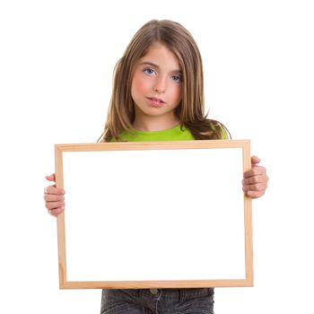 child girl with white frame copy space white blackboard blue eyes to camera