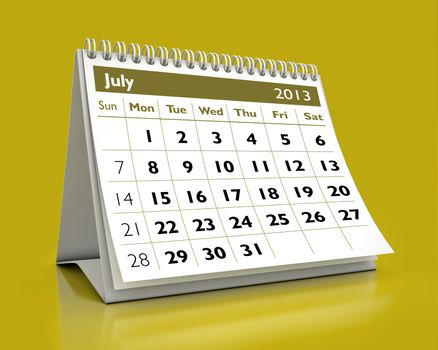 3D desktop calendar July 2013 in color background