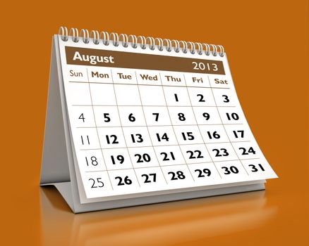 3D desktop calendar August 2013 in color background