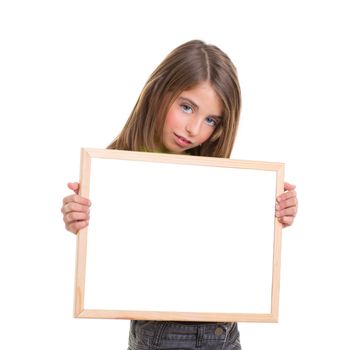 child girl with white frame copy space white blackboard blue eyes to camera