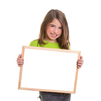 child smiling girl with blank white frame copy space white blackboard happy