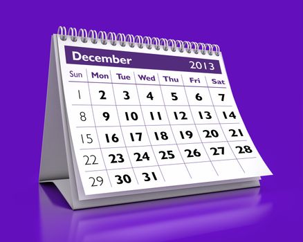 3D desktop calendar December 2013 in color background