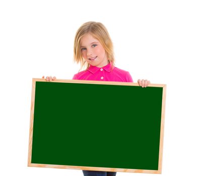 blond child kid happy girl holding blank green blackboard copy space on white