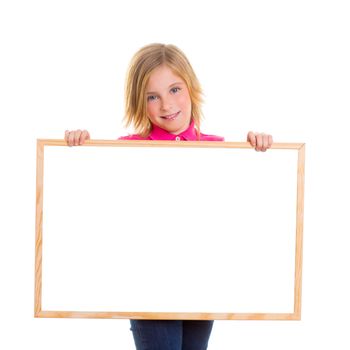 blond child kid happy girl holding blank white board copy space