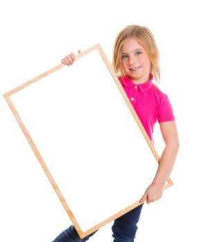 blond child kid happy girl holding blank white board copy space