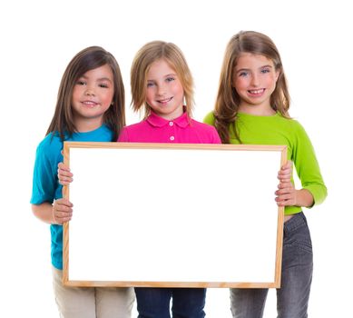 children group kid girls holding blank white board copy space