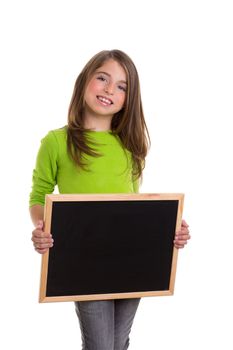 child smiling girl with blank frame copy space black blackboard happy