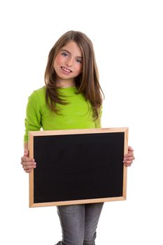 child smiling girl with blank frame copy space black blackboard happy