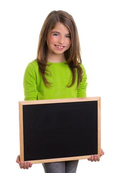 child smiling girl with blank frame copy space black blackboard happy