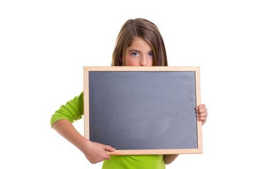 child smiling girl with blank frame copy space black blackboard happy