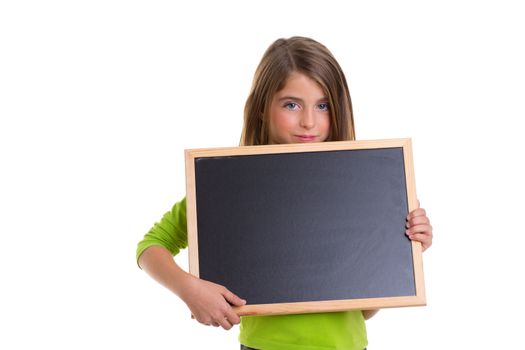 child smiling girl with blank frame copy space black blackboard happy