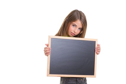 child girl with blank frame copy space holding black blackboard