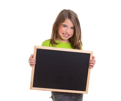 child smiling girl with blank frame copy space black blackboard happy