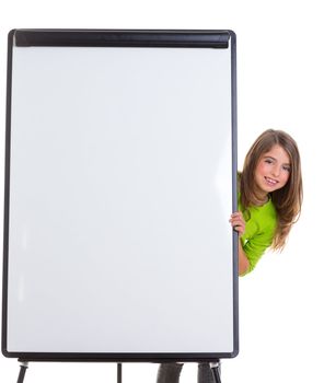 child kid happy girl with blank flip chart white copy space smiling