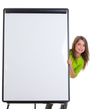 child kid happy girl with blank flip chart white copy space smiling