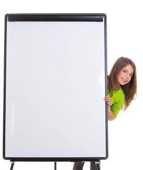 child kid happy girl with blank flip chart white copy space smiling