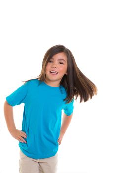 Asian child kid girl in blue happy smiling moving hair over white background