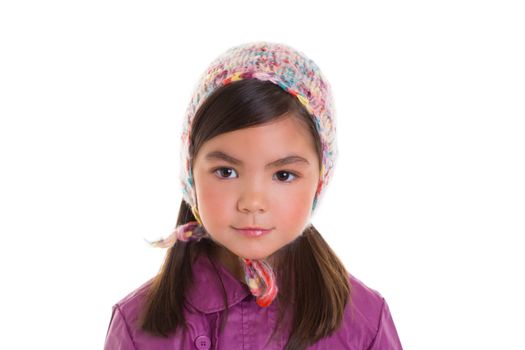 Asian child kid girl winter portrait purple coat and wool cap on white background