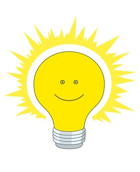 Shining electric bulb with a smile, eyes and bright aura