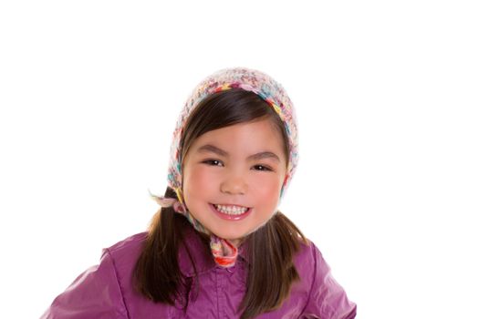 Asian child kid girl winter portrait purple coat and wool cap on white background