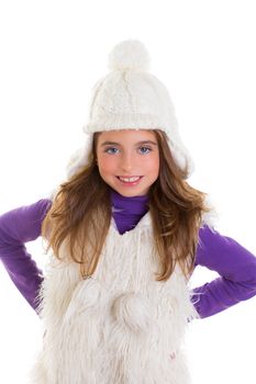 blue eyes child kid happy girl smiling with white winter cap fur and purple