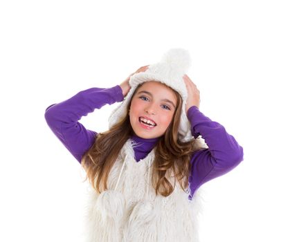 blue eyes child kid happy girl smiling with white winter cap fur and purple