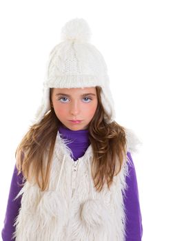 blue eyes child kid girl with white winter cap fur and purple