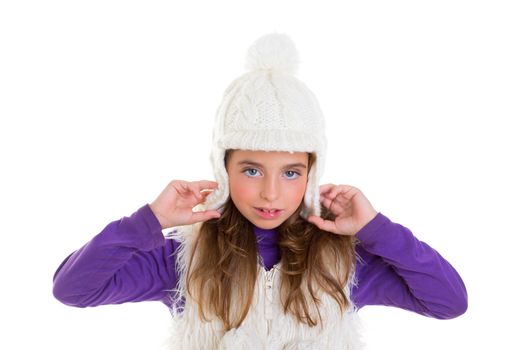 blue eyes child kid girl with white winter cap fur and purple
