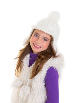 blue eyes child kid happy girl smiling with white winter cap fur and purple