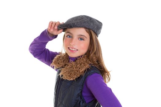 children kid winter girl with cap coat and fur smiling on white background