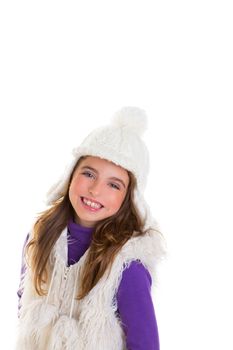 blue eyes child kid happy girl smiling with white winter cap fur and purple