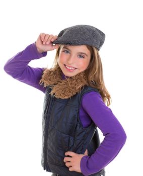 children kid winter girl with cap coat and fur smiling on white background