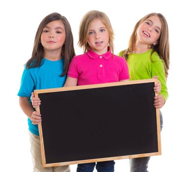 children group kid girls holding blank blackboard copy space on white background