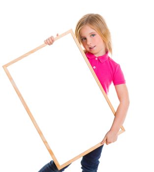 blond child kid happy girl holding blank white board copy space