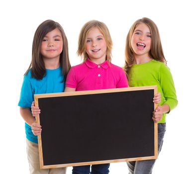 children group kid girls holding blank blackboard copy space on white background