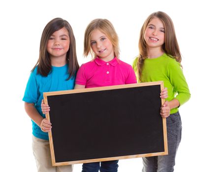 children group kid girls holding blank blackboard copy space on white background